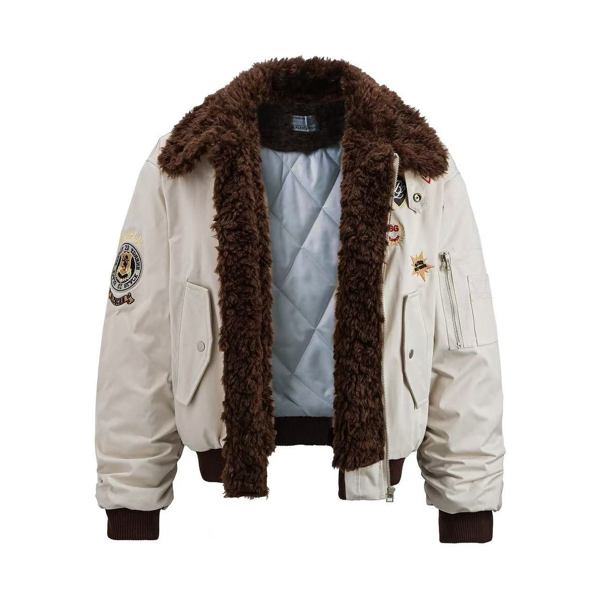 Faux Shearling Collar Multi‑Patch Decor Zip‑Up Bomber Jacket