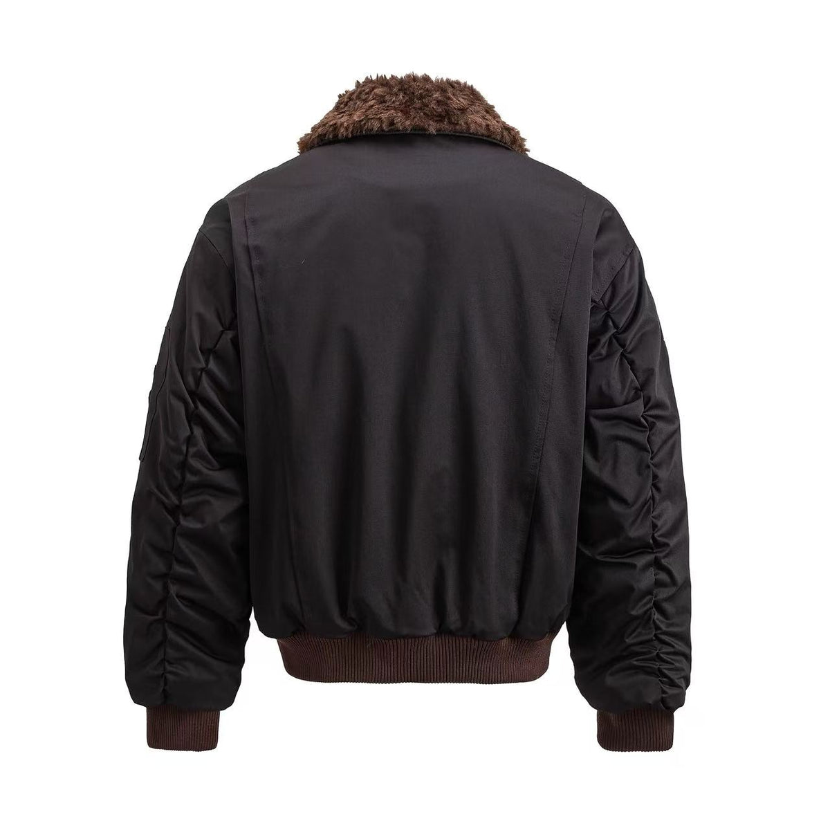 Faux Shearling Collar Multi‑Patch Decor Zip‑Up Bomber Jacket