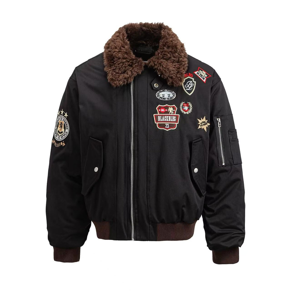 Faux Shearling Collar Multi‑Patch Decor Zip‑Up Bomber Jacket
