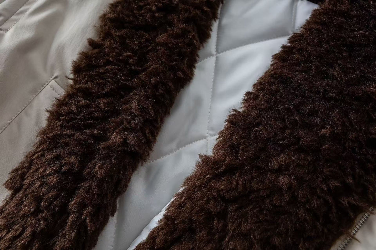 Faux Shearling Collar Multi‑Patch Decor Zip‑Up Bomber Jacket