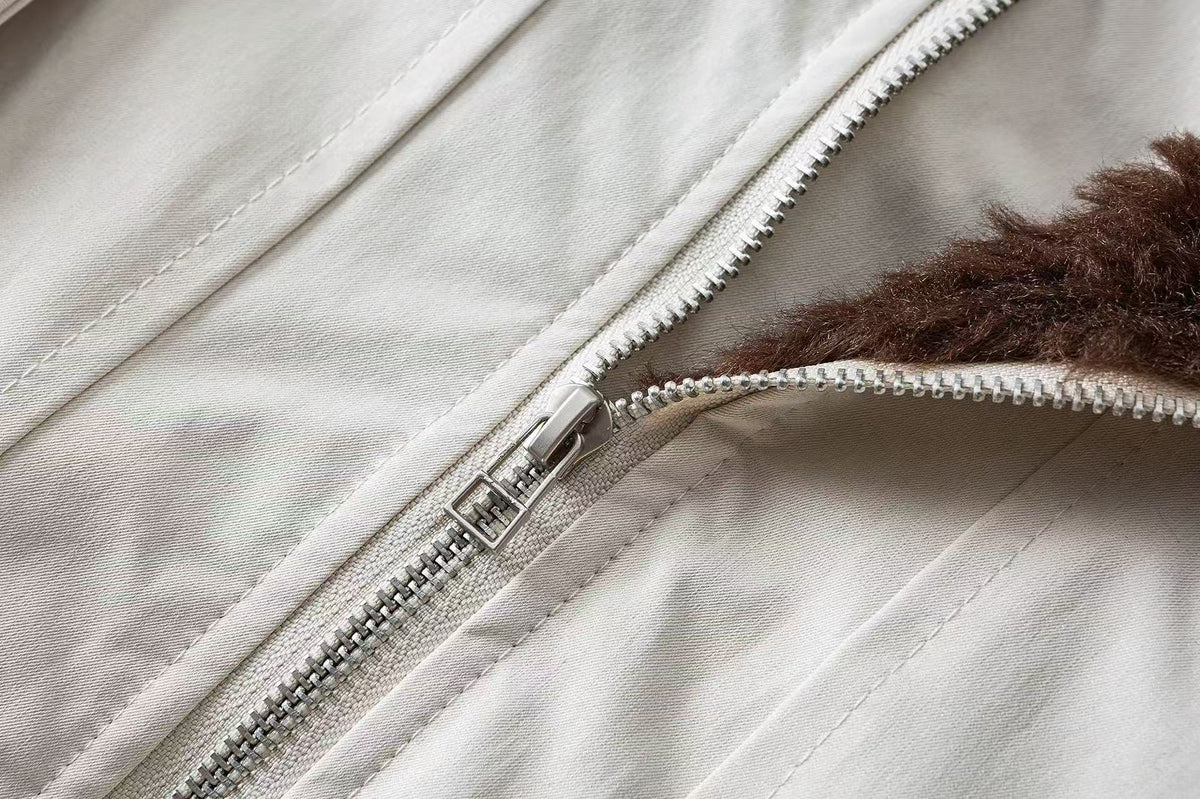 Faux Shearling Collar Multi‑Patch Decor Zip‑Up Bomber Jacket