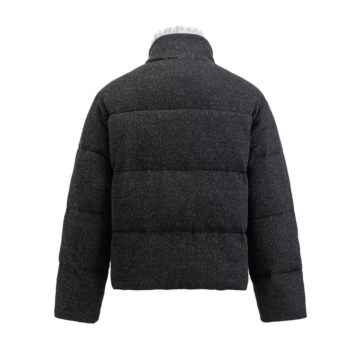 Corduroy Faux Fur Stand Collar Flag Heart Print Zip Puffer Jacket