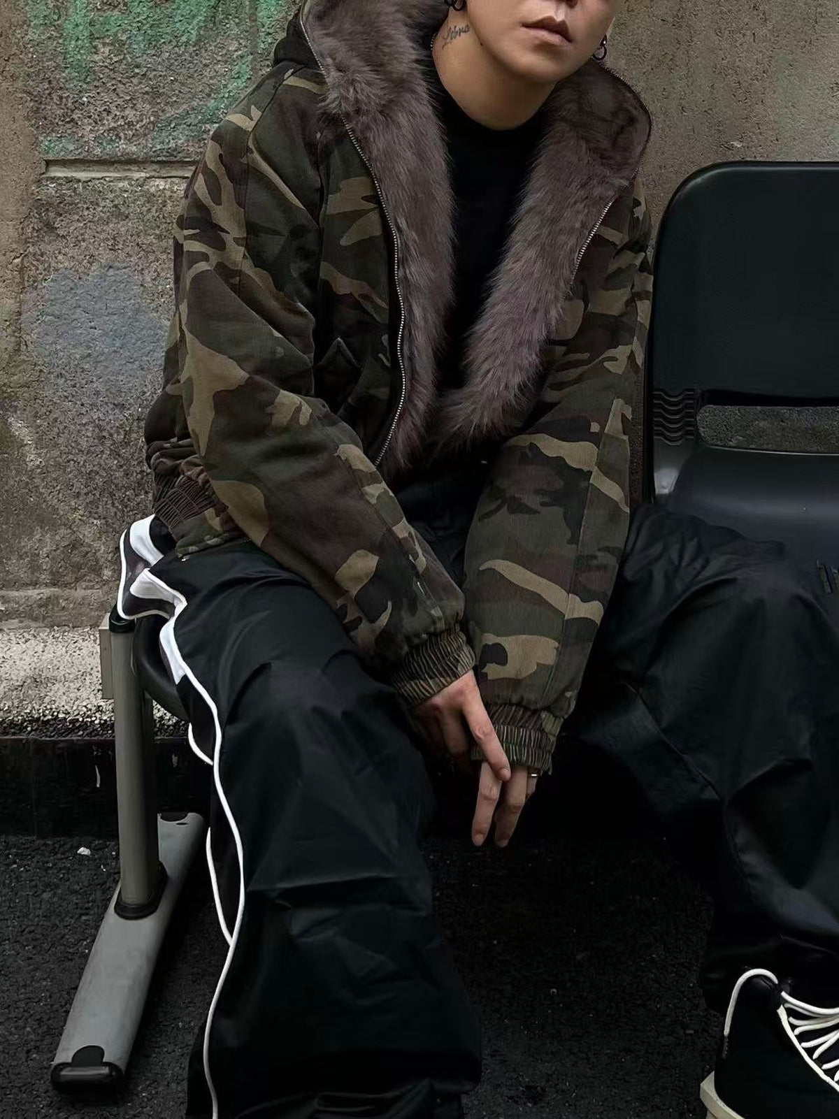 Vintage Camo Fur Collar Hooded Jacket