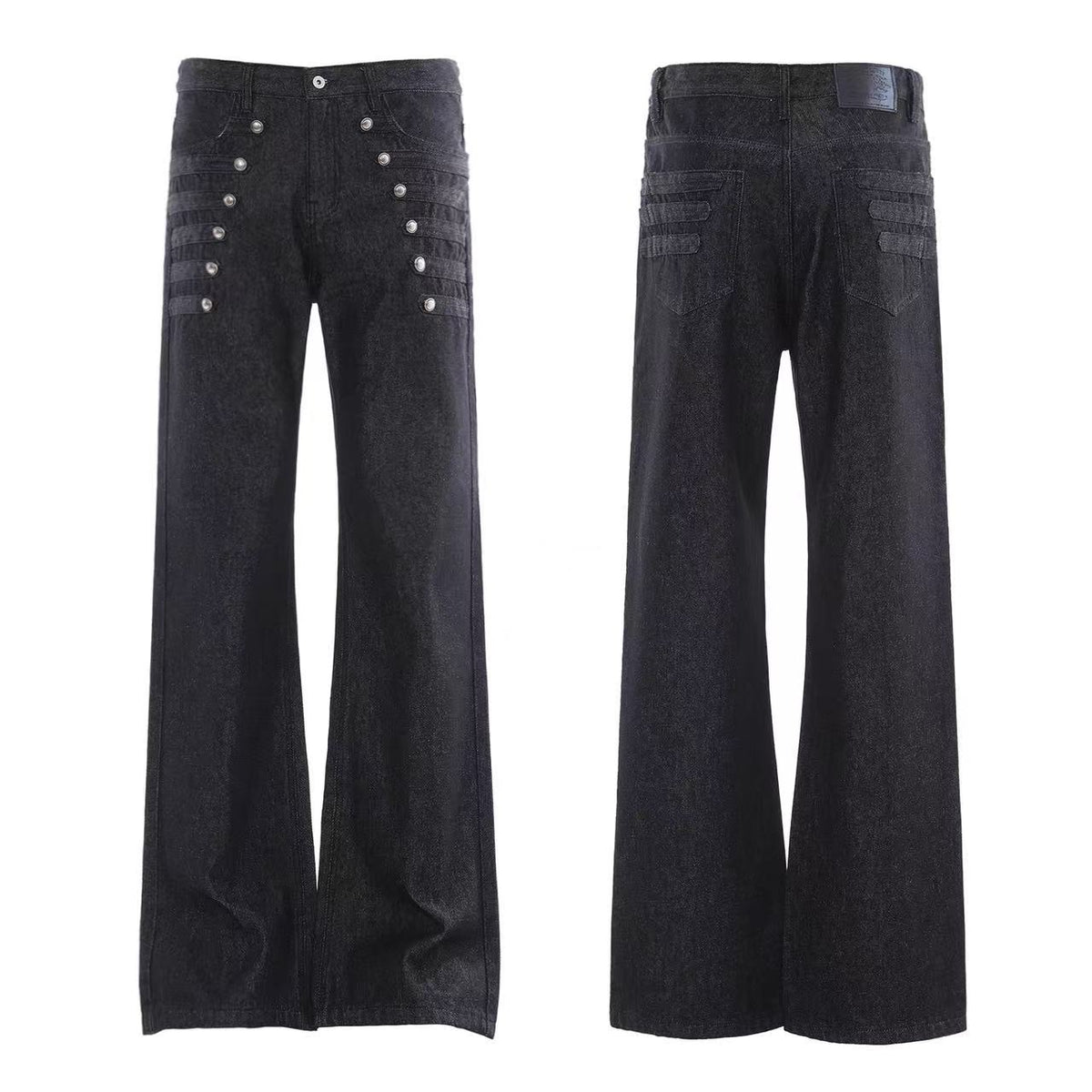 Raw Black Multi Rivet Strap Decor Flare Leg Jeans