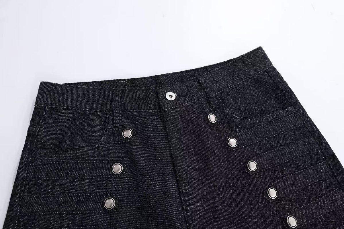 Raw Black Multi Rivet Strap Decor Flare Leg Jeans