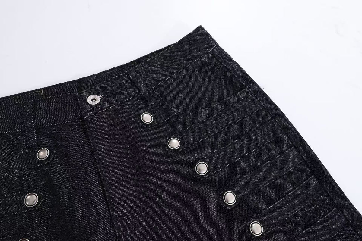 Raw Black Multi Rivet Strap Decor Flare Leg Jeans