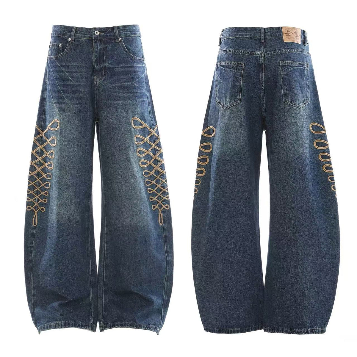 Vintage Lace-Up Embroidery Wide Leg Jeans