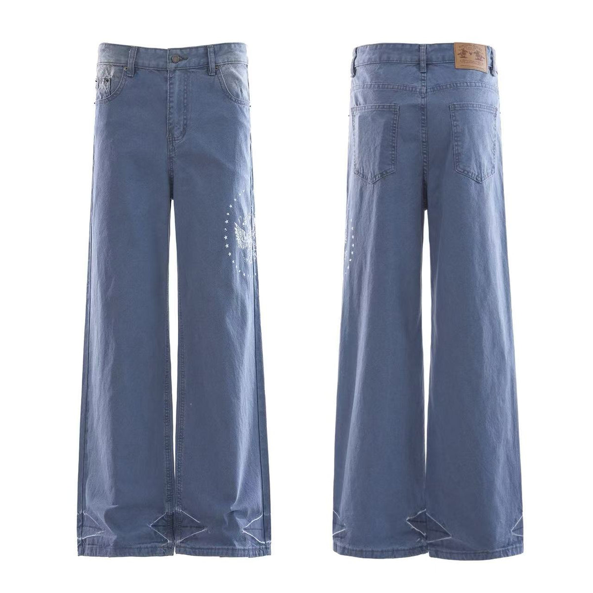 Washed Eagle Star Print Wide Leg Jeans