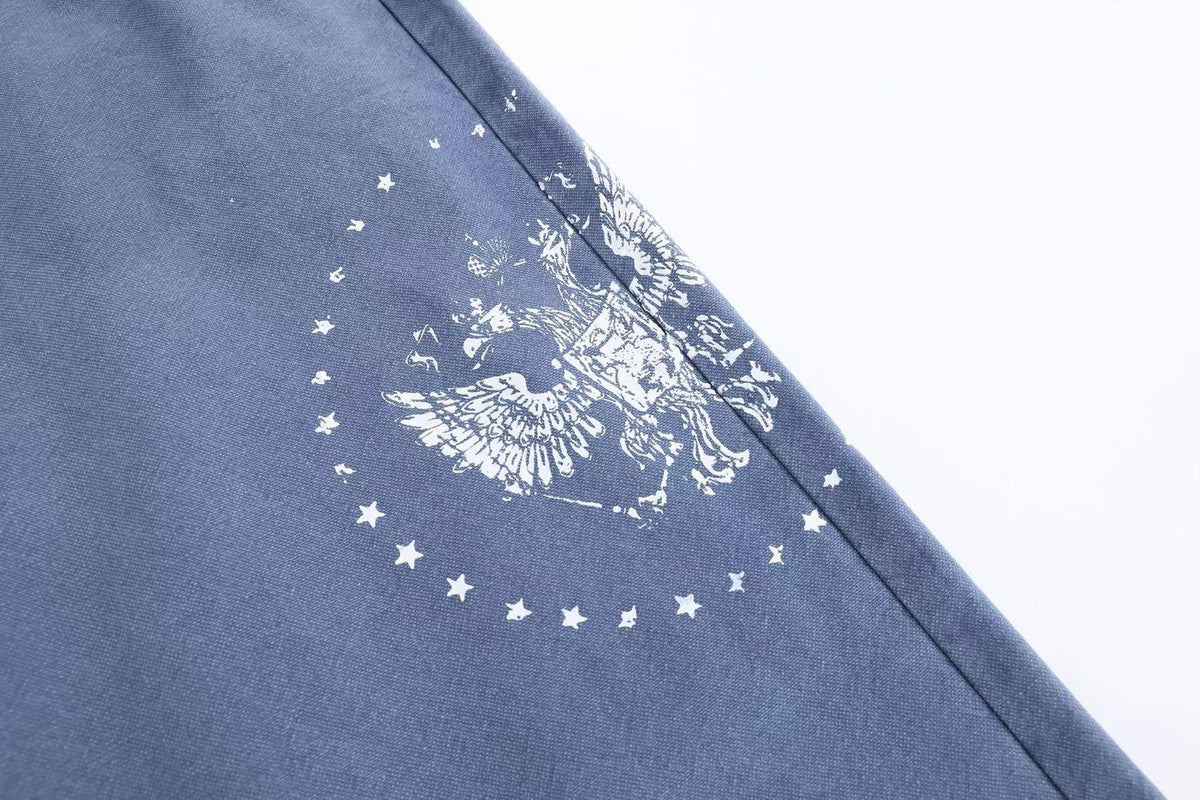 Washed Eagle Star Print Wide Leg Jeans