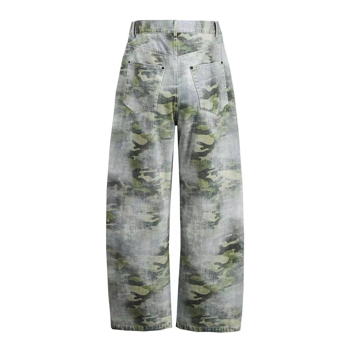 Vintage Camo Print Cross Button Wide Leg Jeans