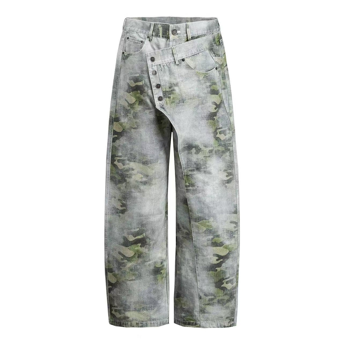 Vintage Camo Print Cross Button Wide Leg Jeans