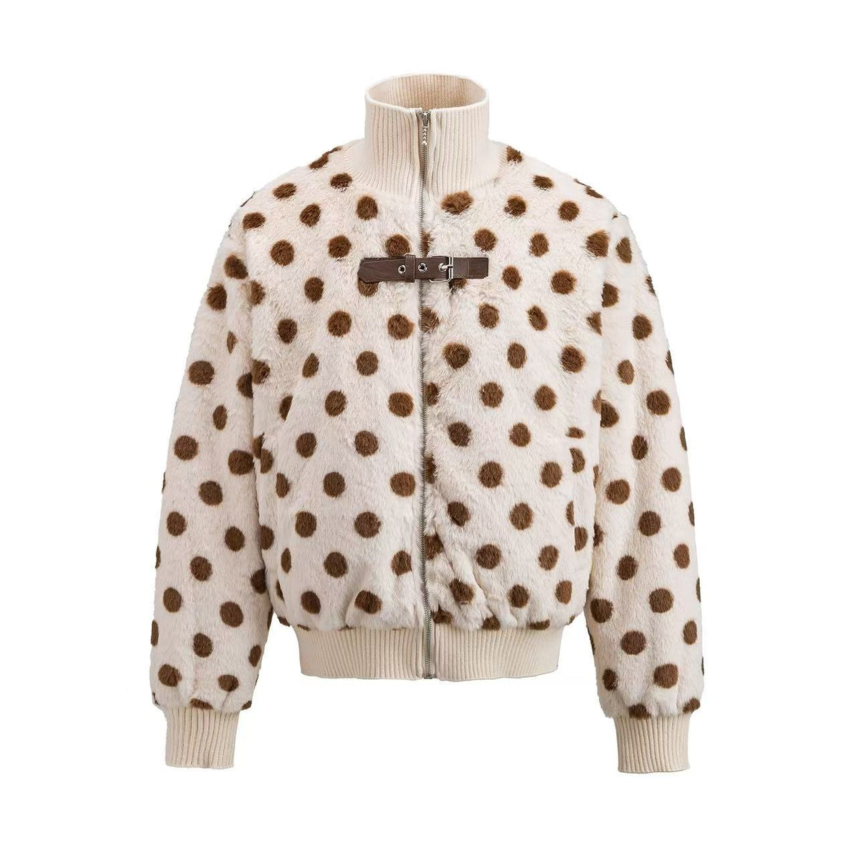 Cute Polka Dot Faux Fur Buckle Bomber Jacket