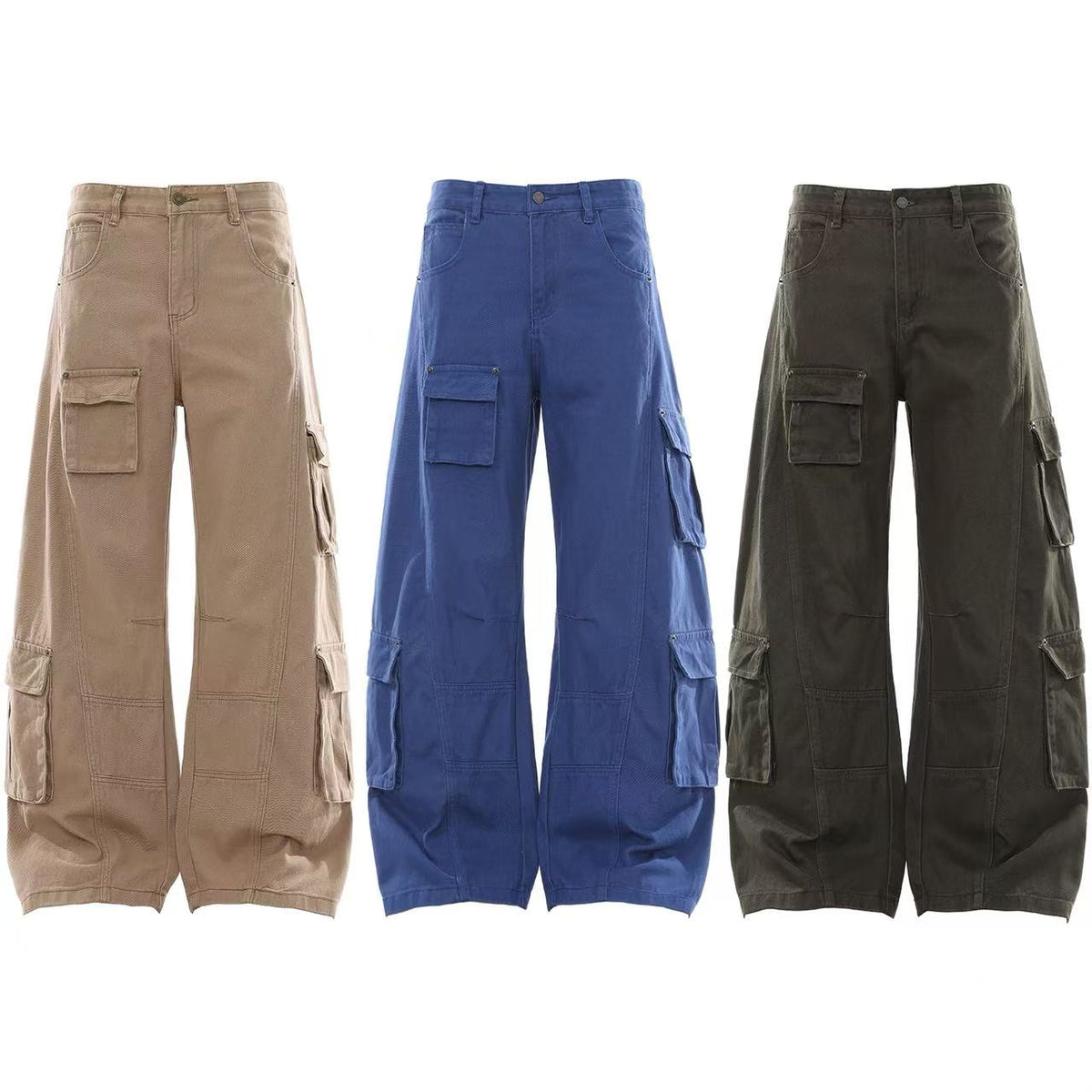 Washed Utility Multi Patch Pocket Wide Leg Cargo Pants