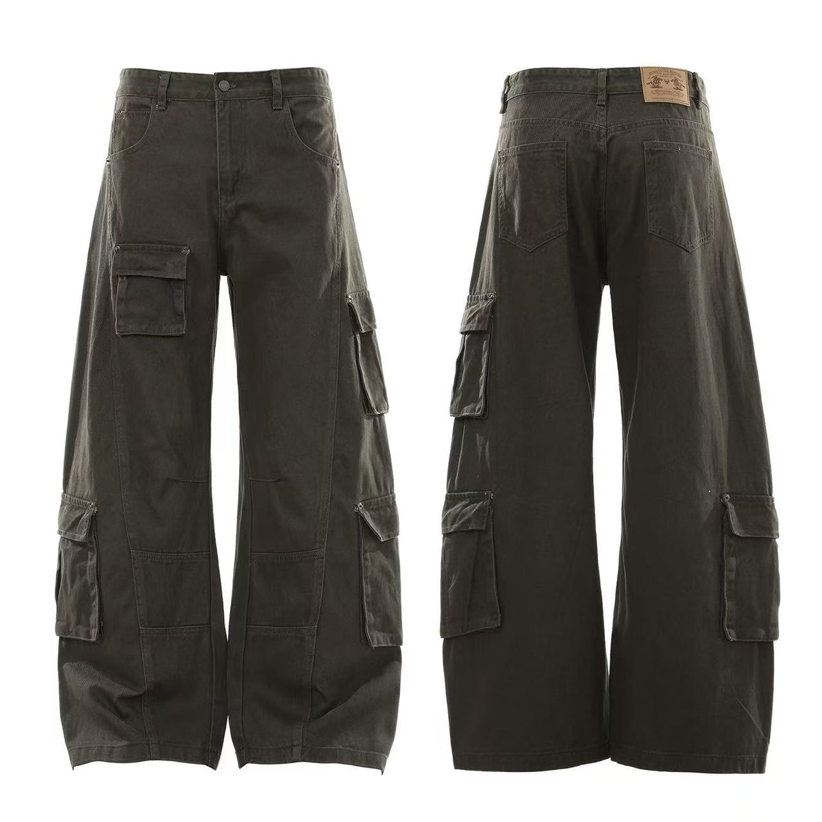 Washed Utility Multi Patch Pocket Wide Leg Cargo Pants