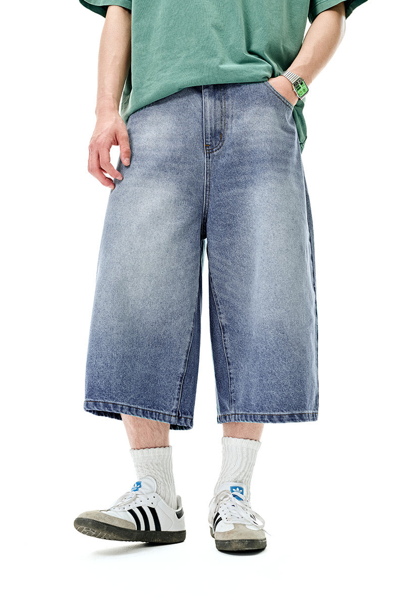 Wide-Leg Denim Knee-Length Shorts