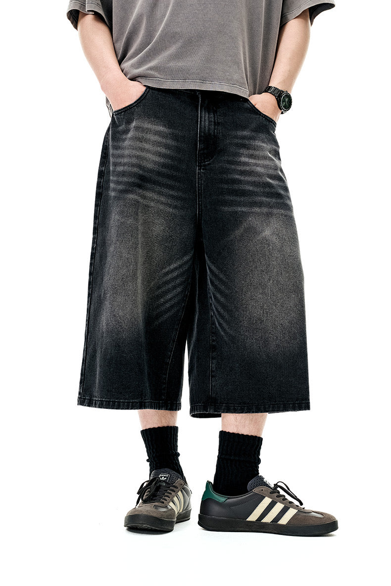 Wide-Leg Denim Knee-Length Shorts