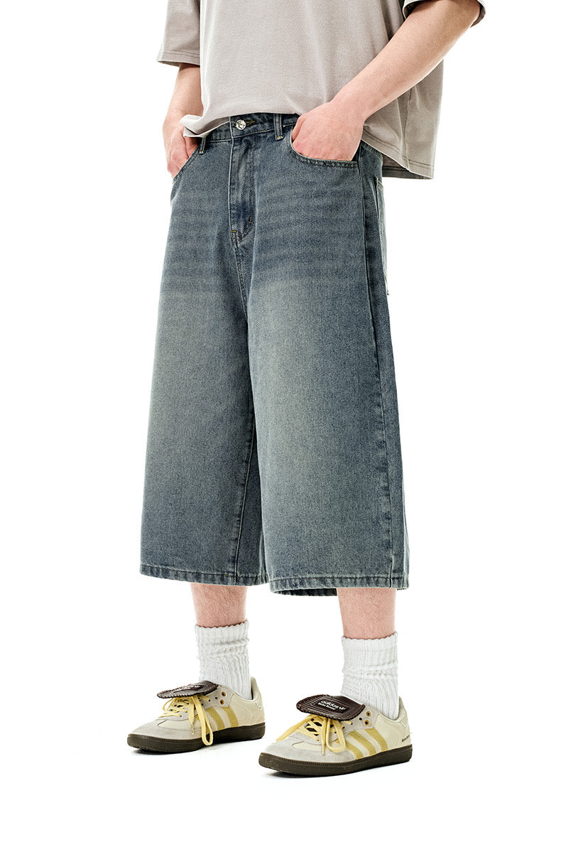 Wide-Leg Denim Knee-Length Shorts