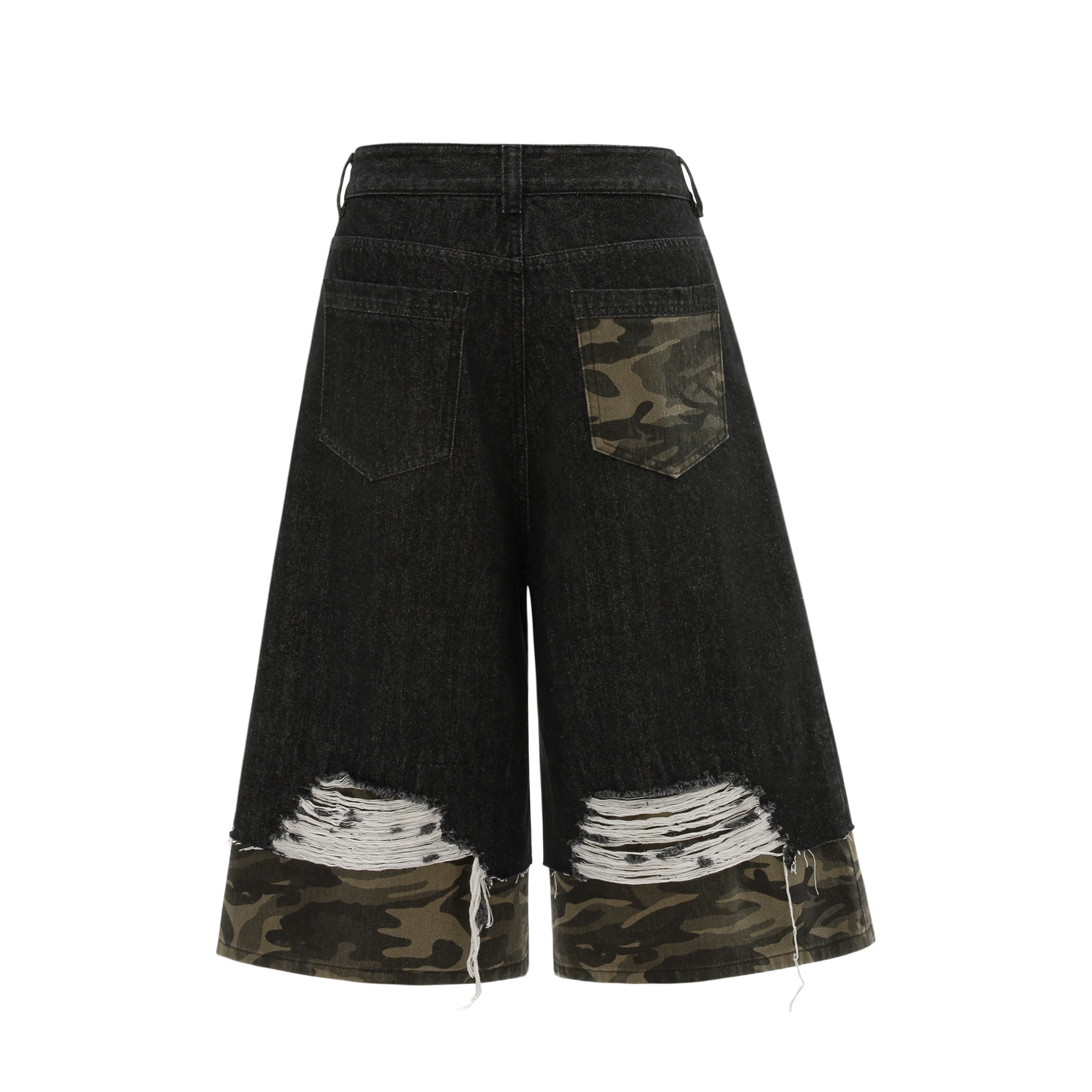 Distressed Camo Denim Knee-Length Shorts