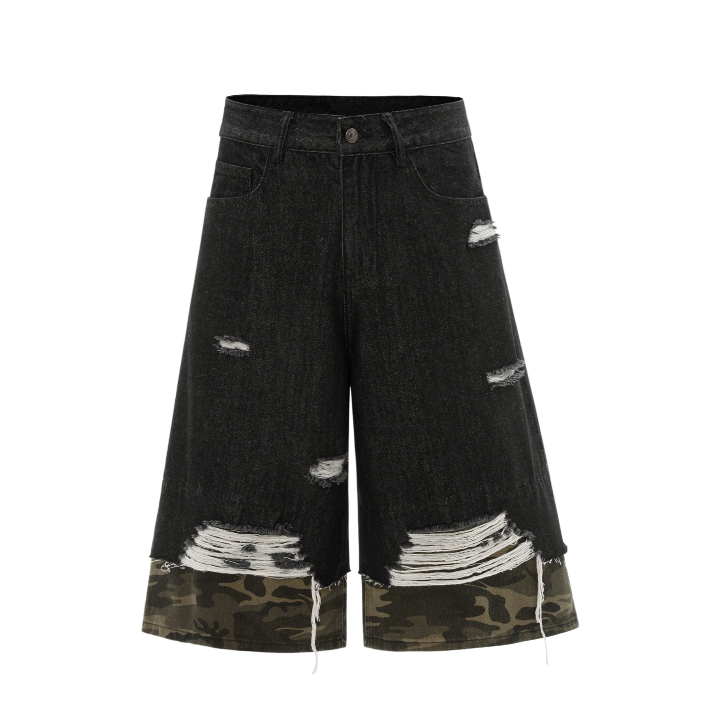 Distressed Camo Denim Knee-Length Shorts