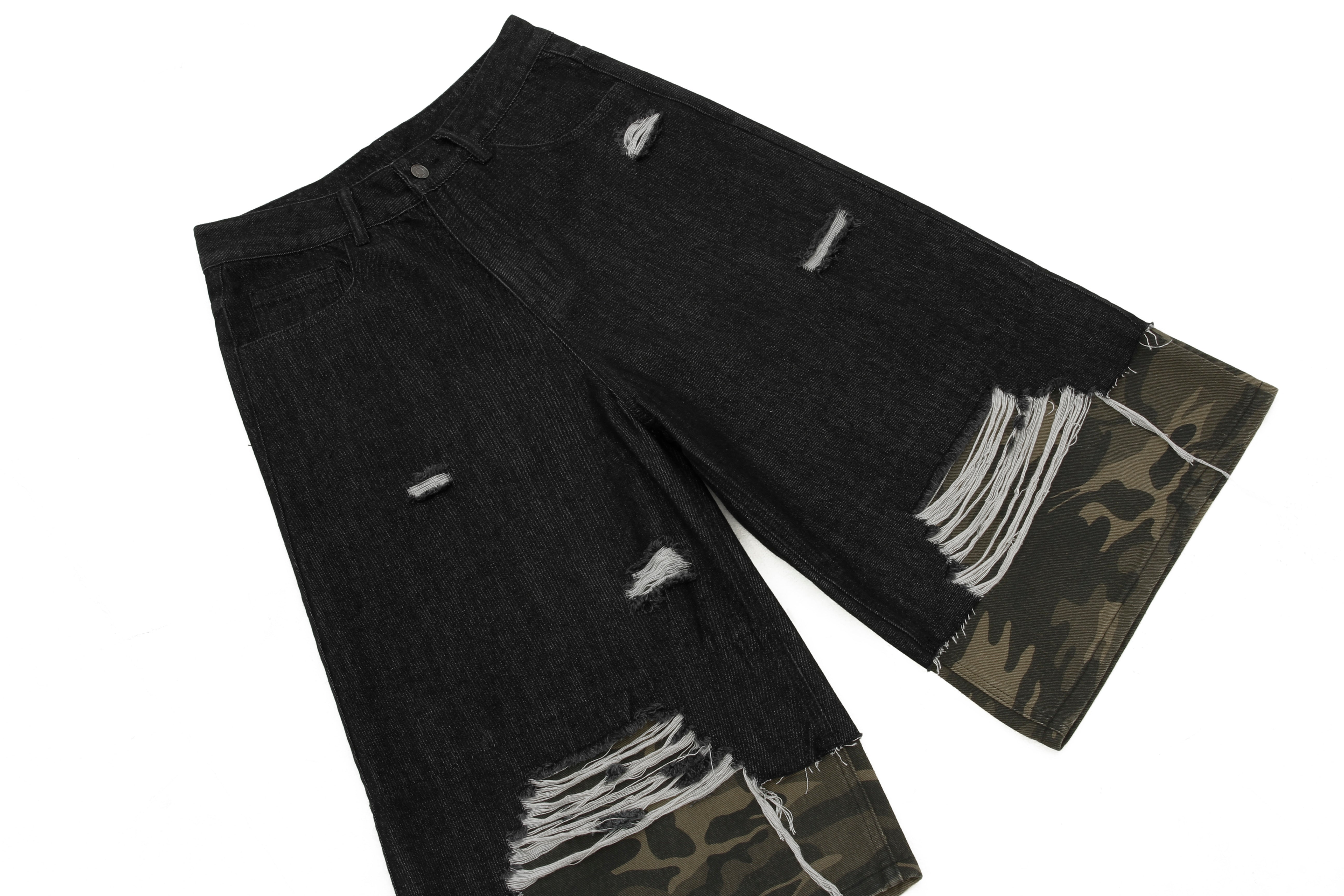 Distressed Camo Denim Knee-Length Shorts