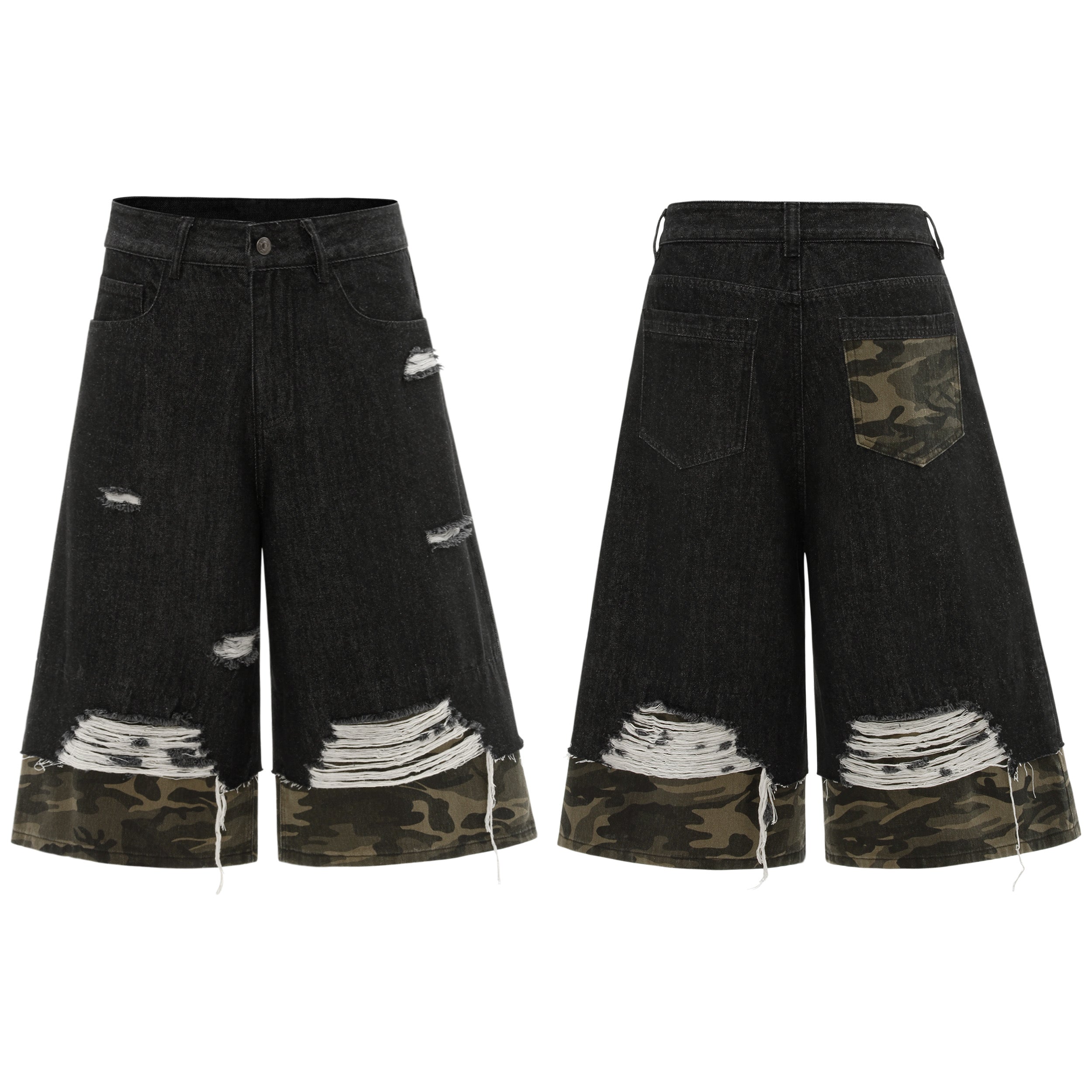 Distressed Camo Denim Knee-Length Shorts