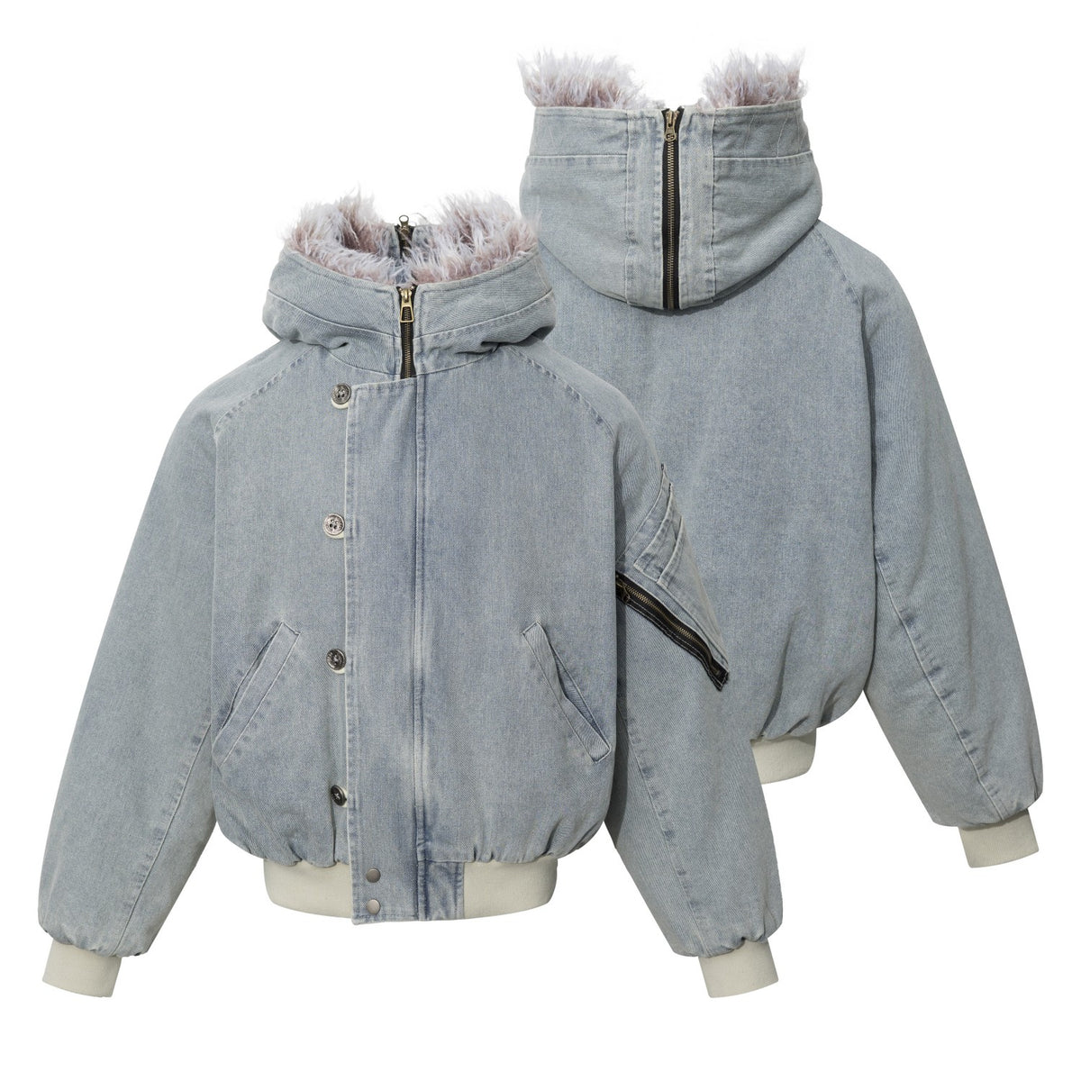 Washed Denim Faux Fur Lined Hooded Bomber Jacket