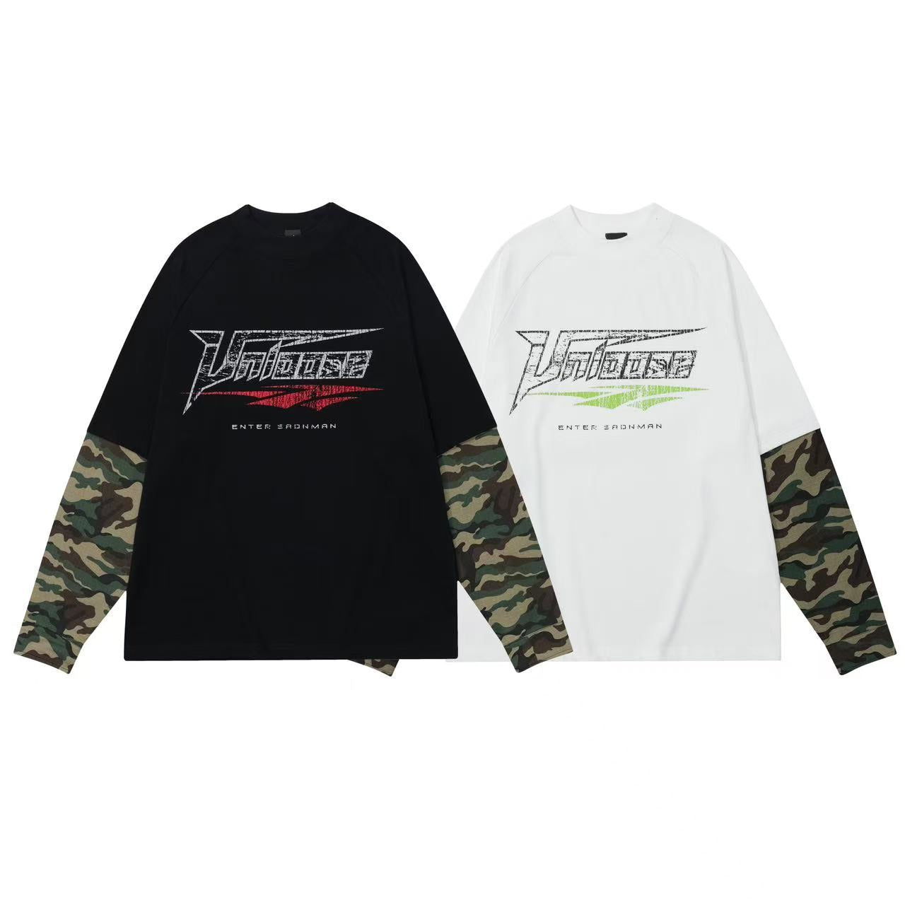Faux-Two-Piece Camo Spliced Long Sleeves
