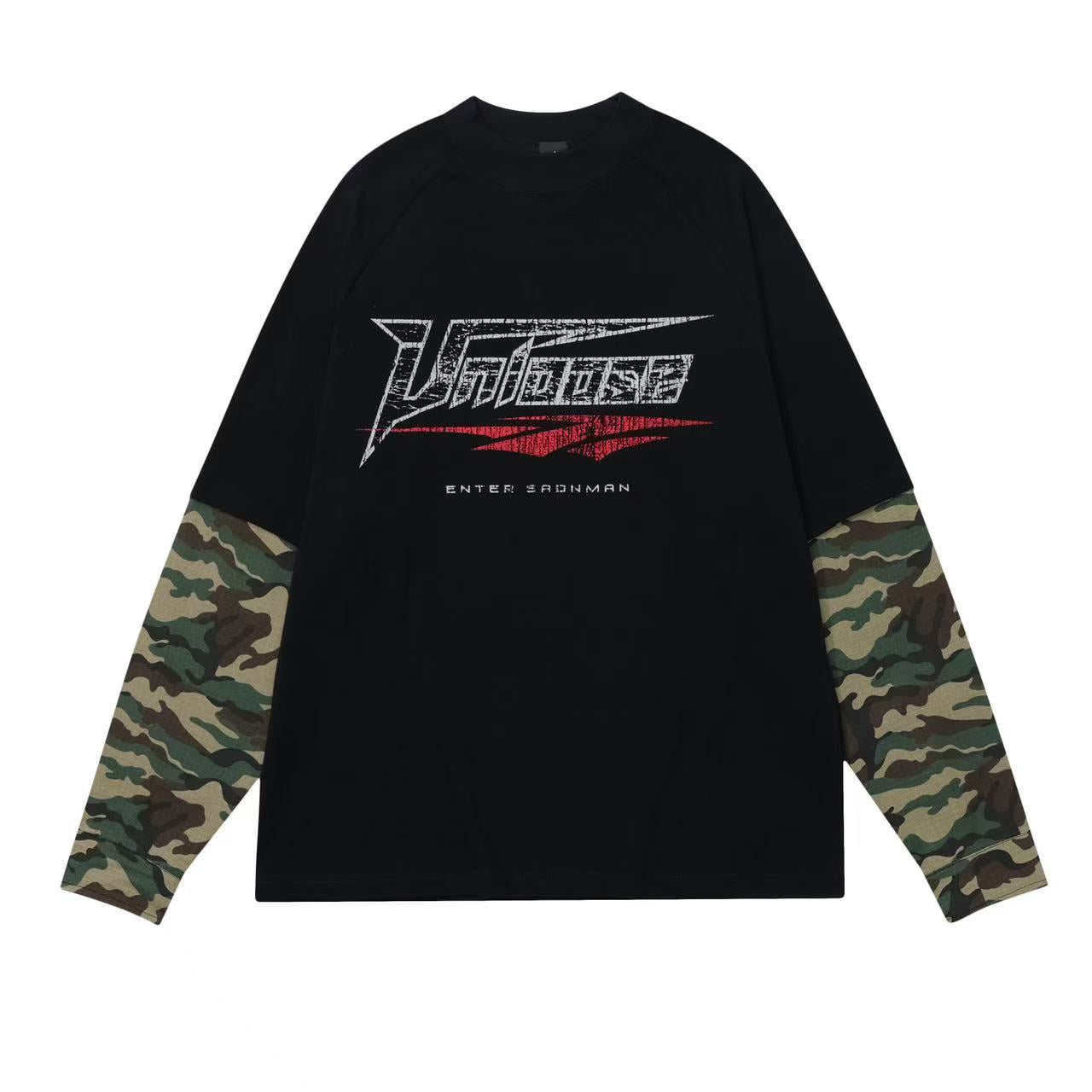 Faux-Two-Piece Camo Spliced Long Sleeves