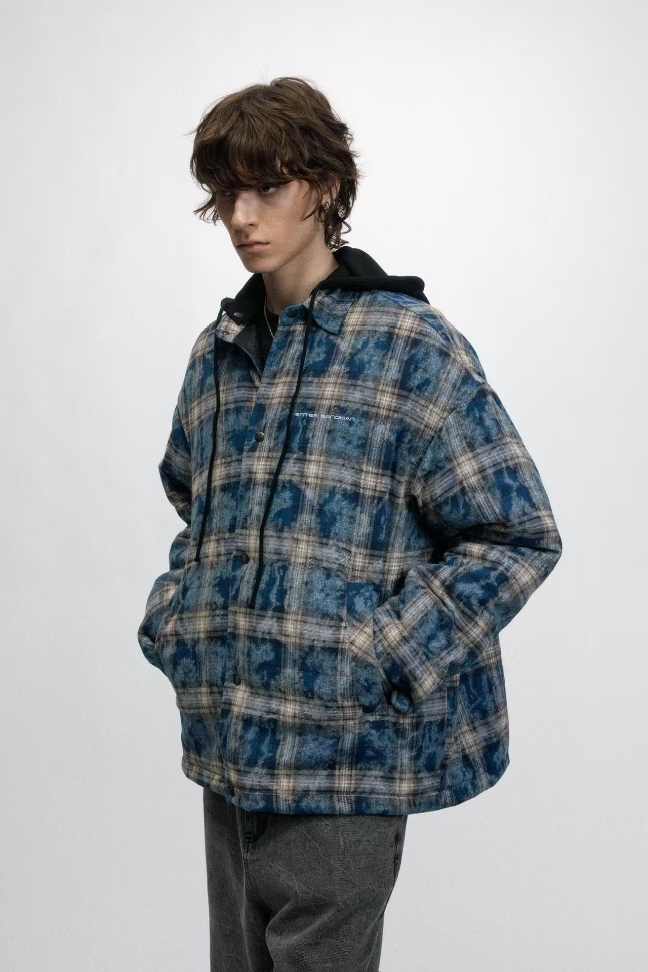 Plaid Detachable-Hood Quilted Jacket