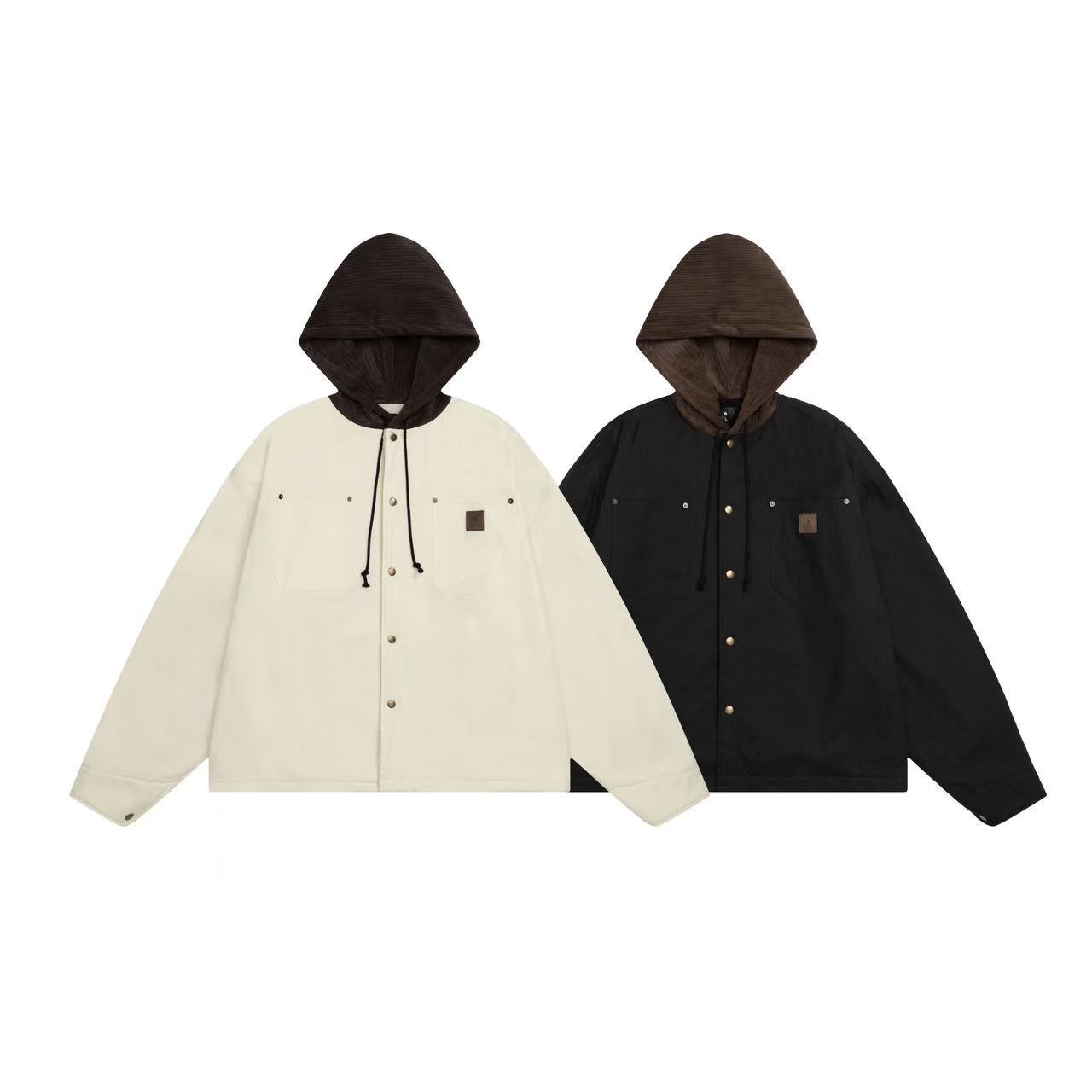 Canvas-Corduroy Blend Hooded Coat