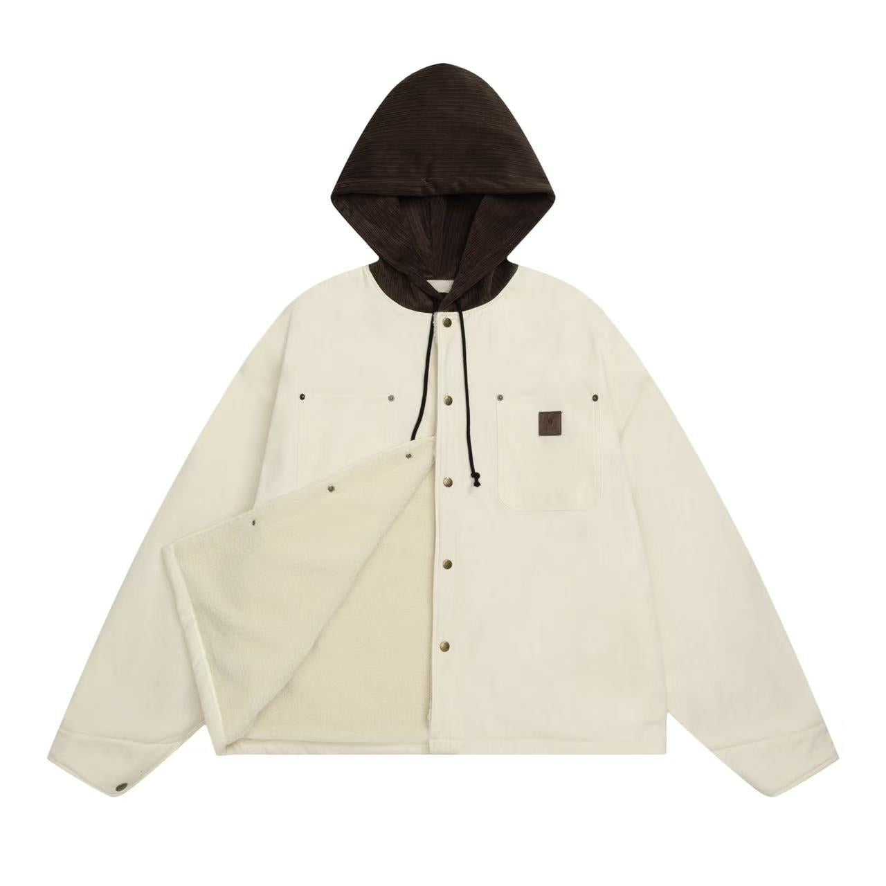Canvas-Corduroy Blend Hooded Coat