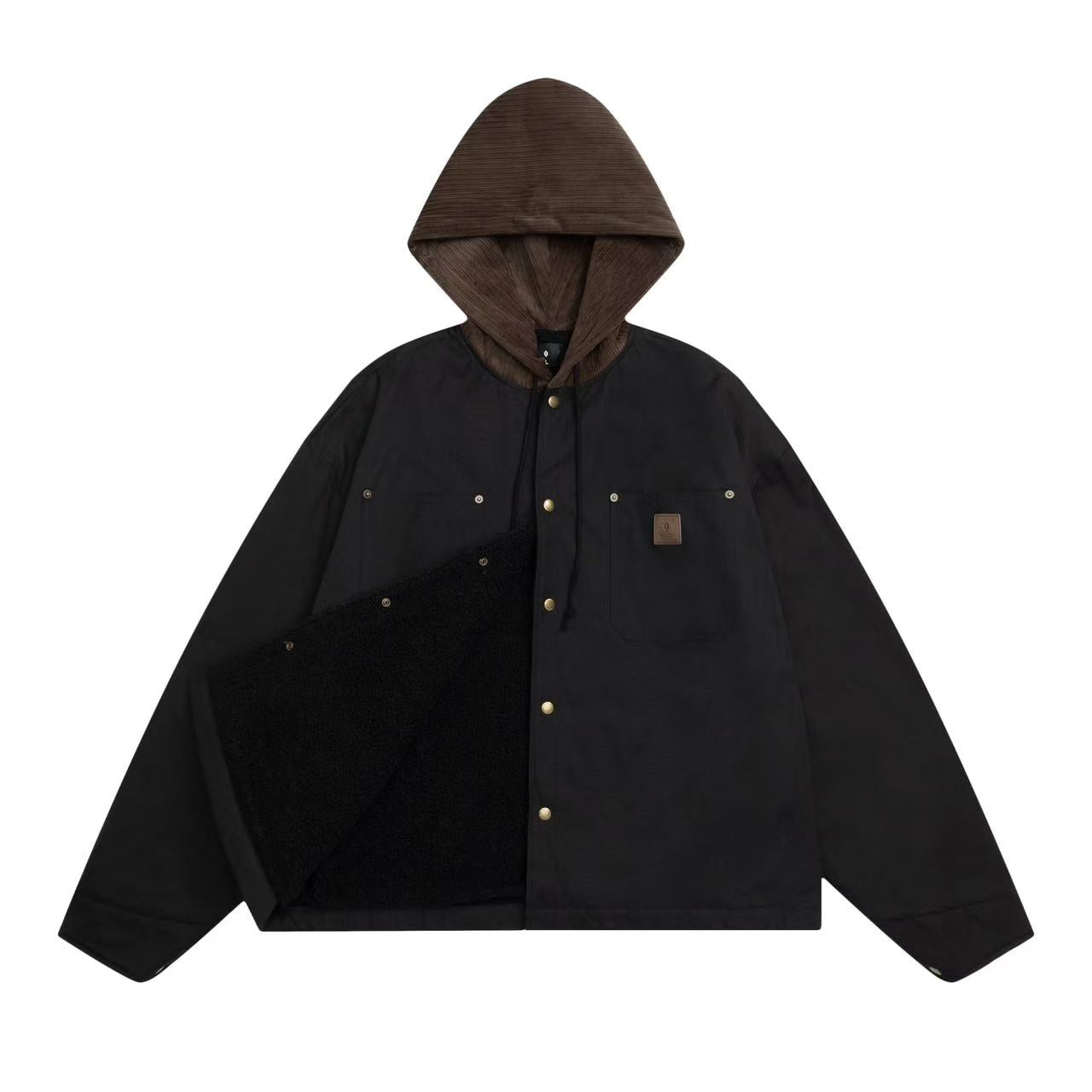 Canvas-Corduroy Blend Hooded Coat