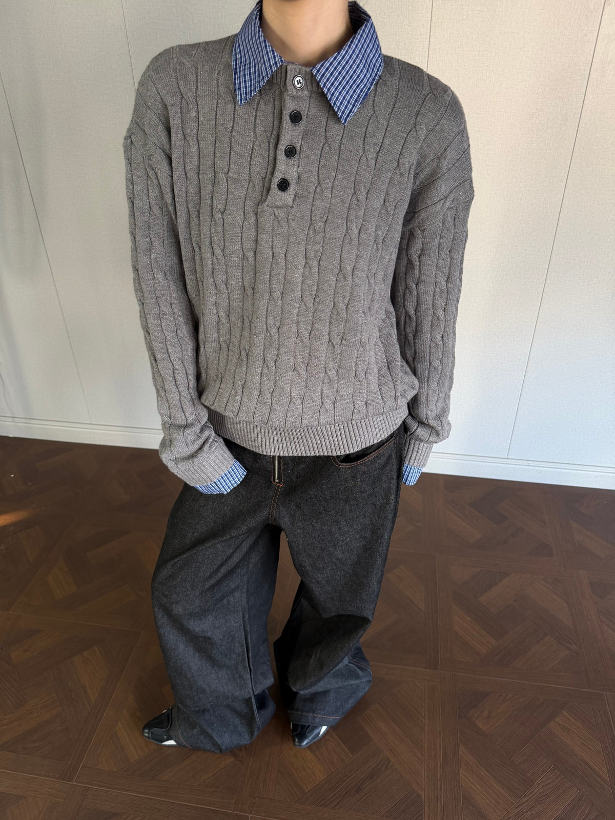 Cable Knit Fake Two-Piece Collared Sweater