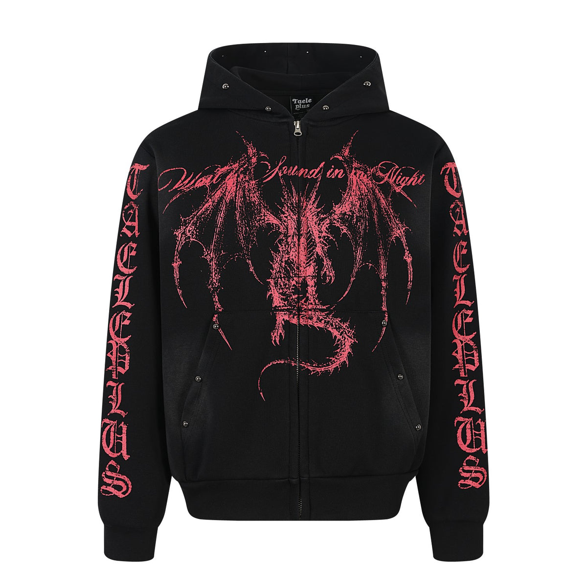 Distressed Wash Gothic Dragon & Church Script Zip Up Hoodie