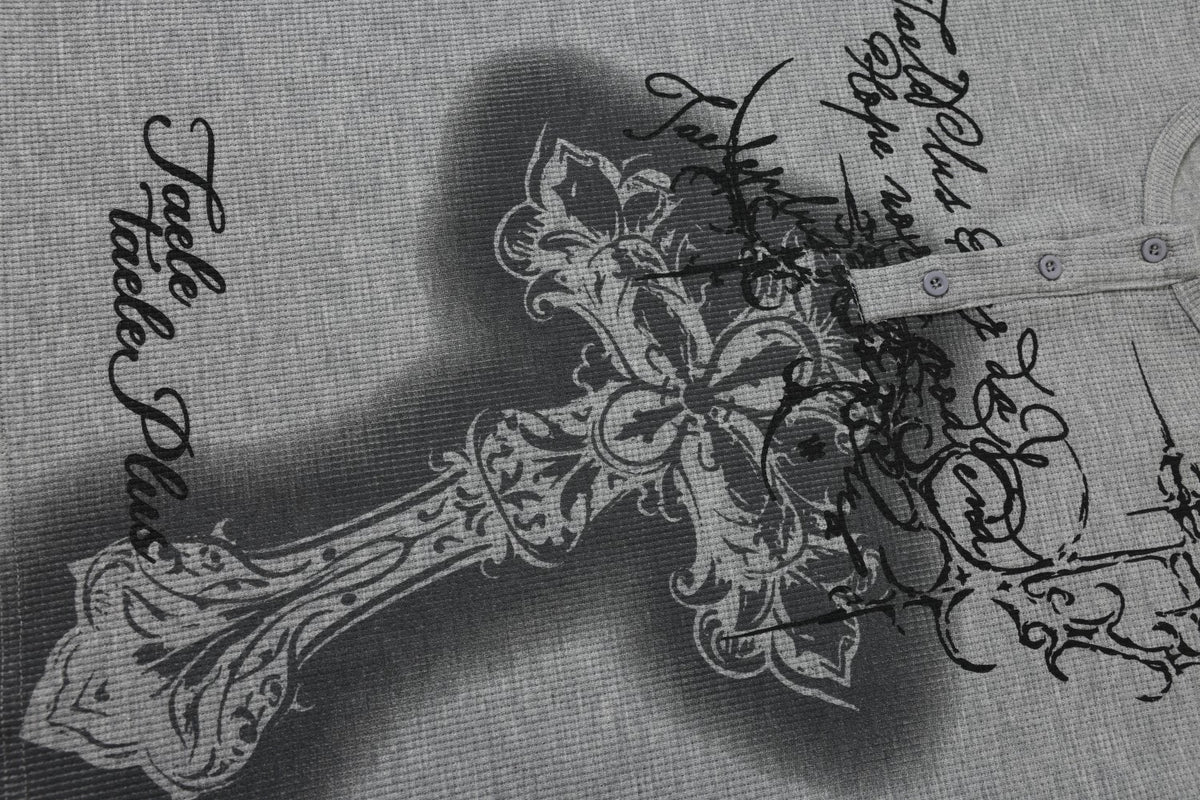 Gothic Cross Script Graphic Waffle Henley Long Sleeve