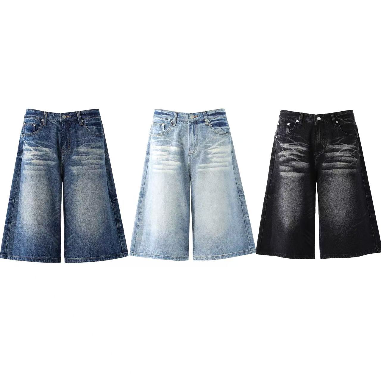 Washed Denim Knee-Length Shorts