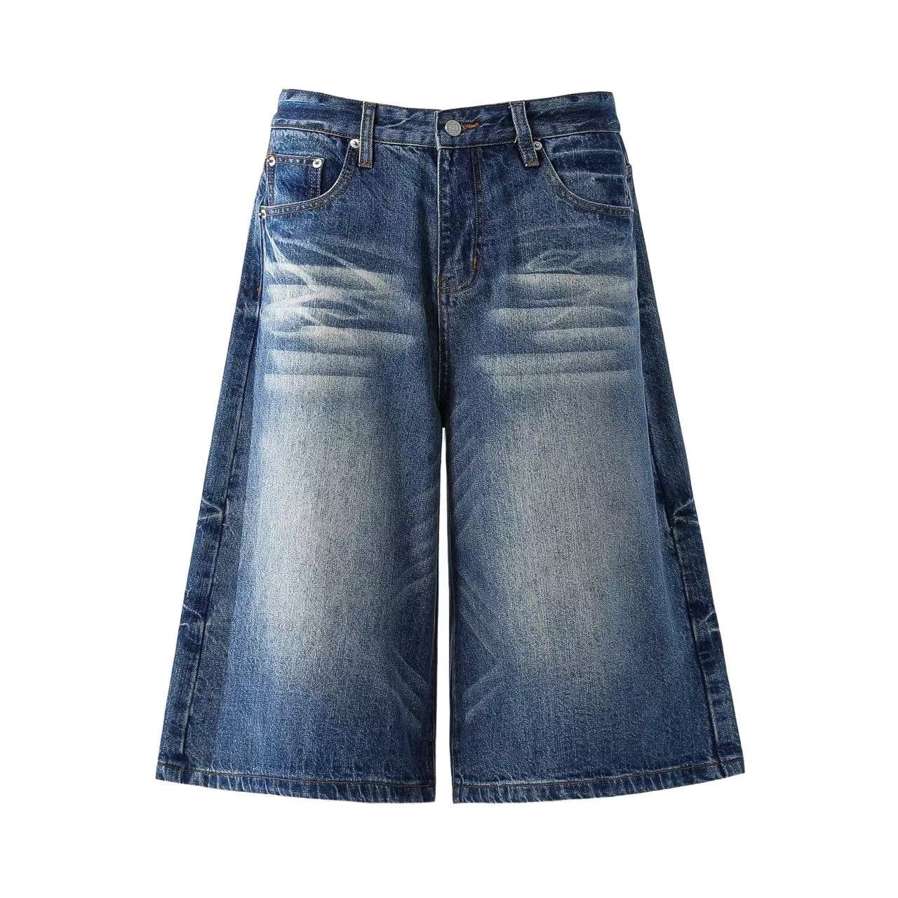 Washed Denim Knee-Length Shorts