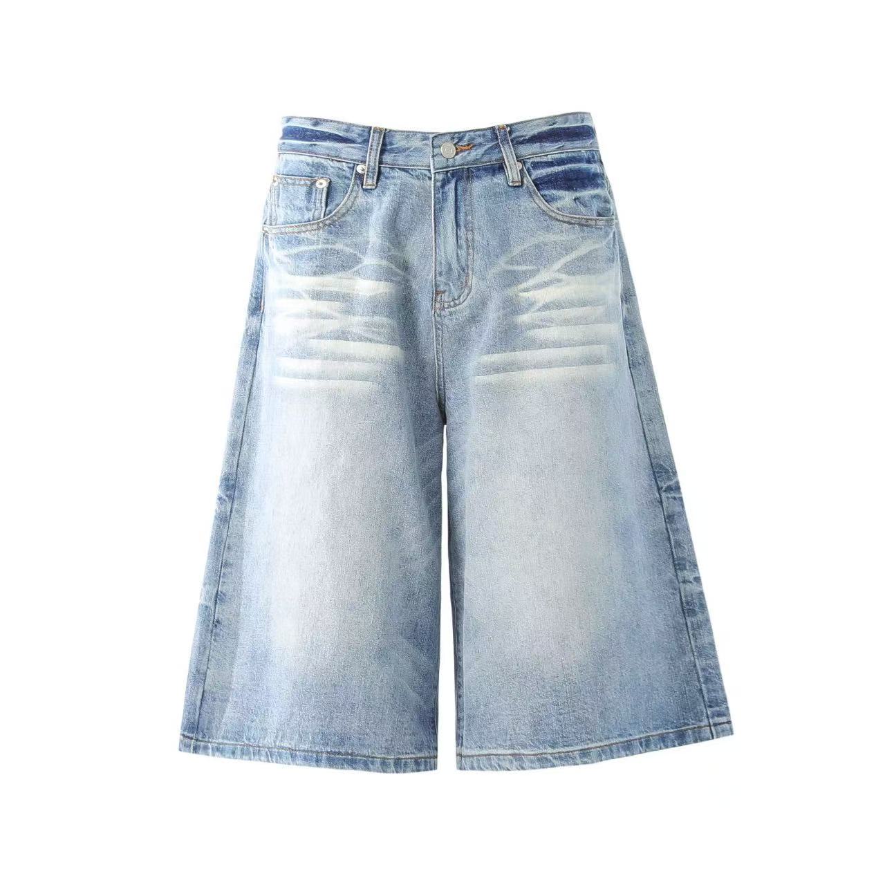 Washed Denim Knee-Length Shorts