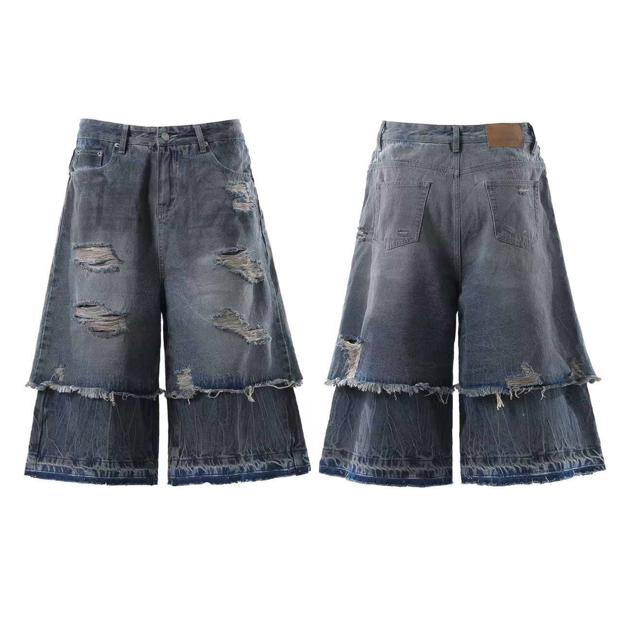 Distressed Denim Knee-Length Shorts