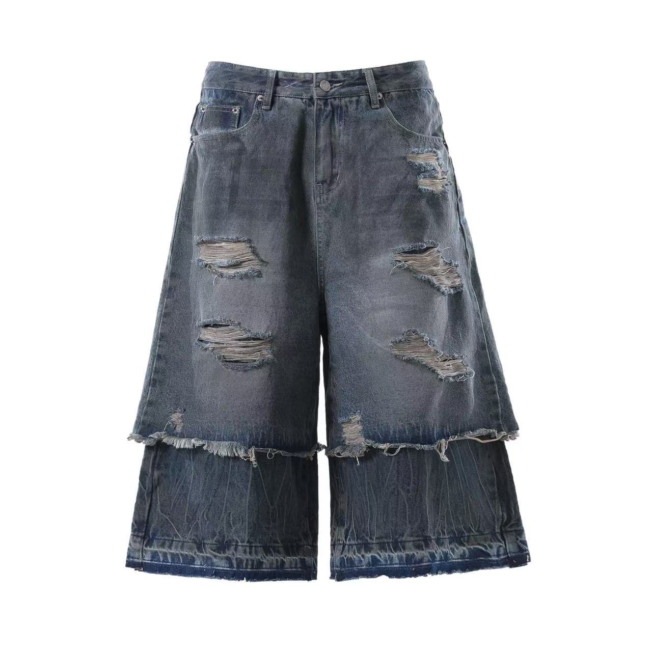 Distressed Denim Knee-Length Shorts