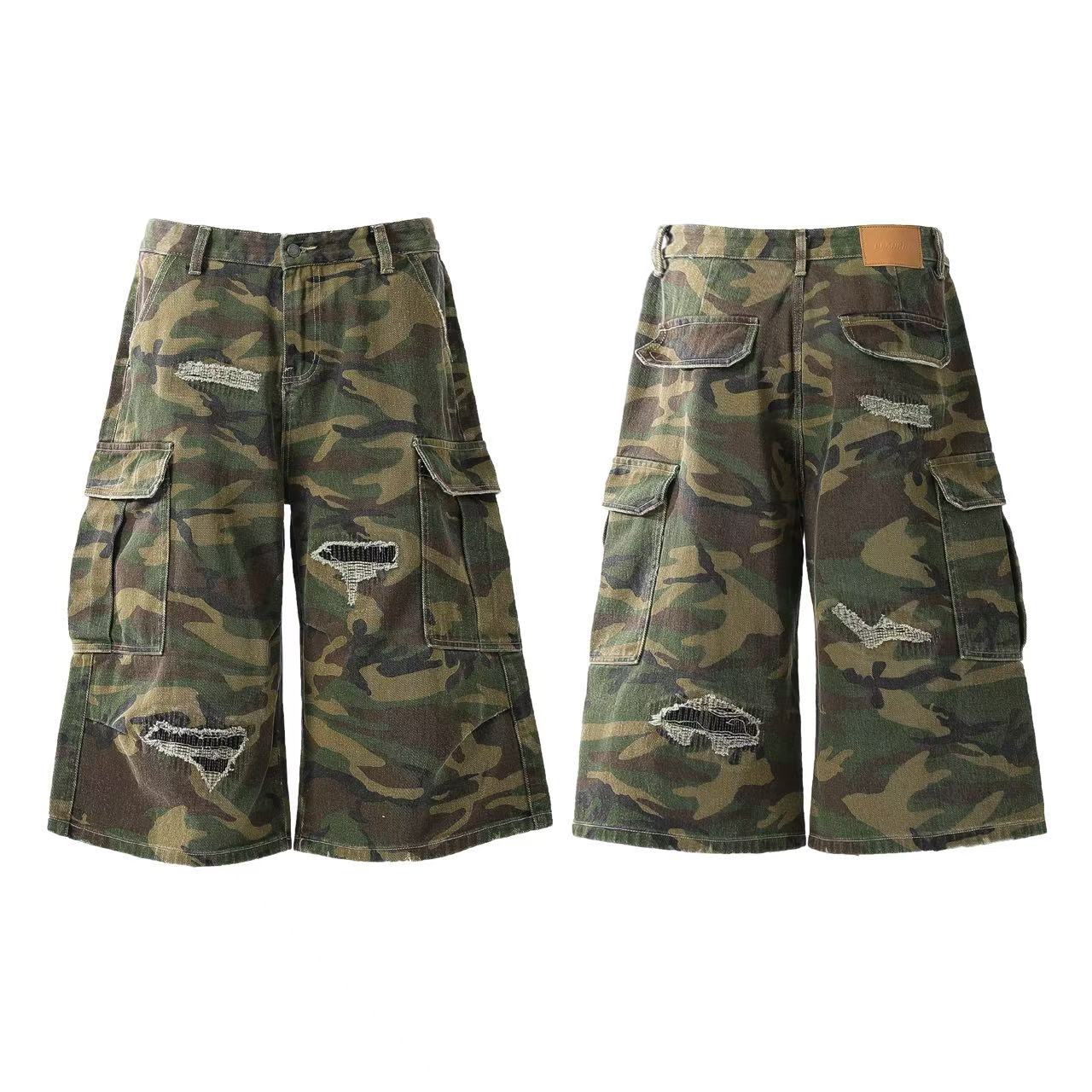 Distressed Camo Knee-Length Shorts