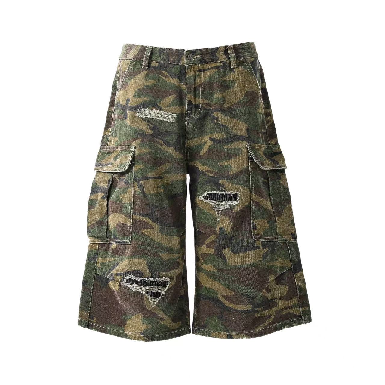 Distressed Camo Knee-Length Shorts