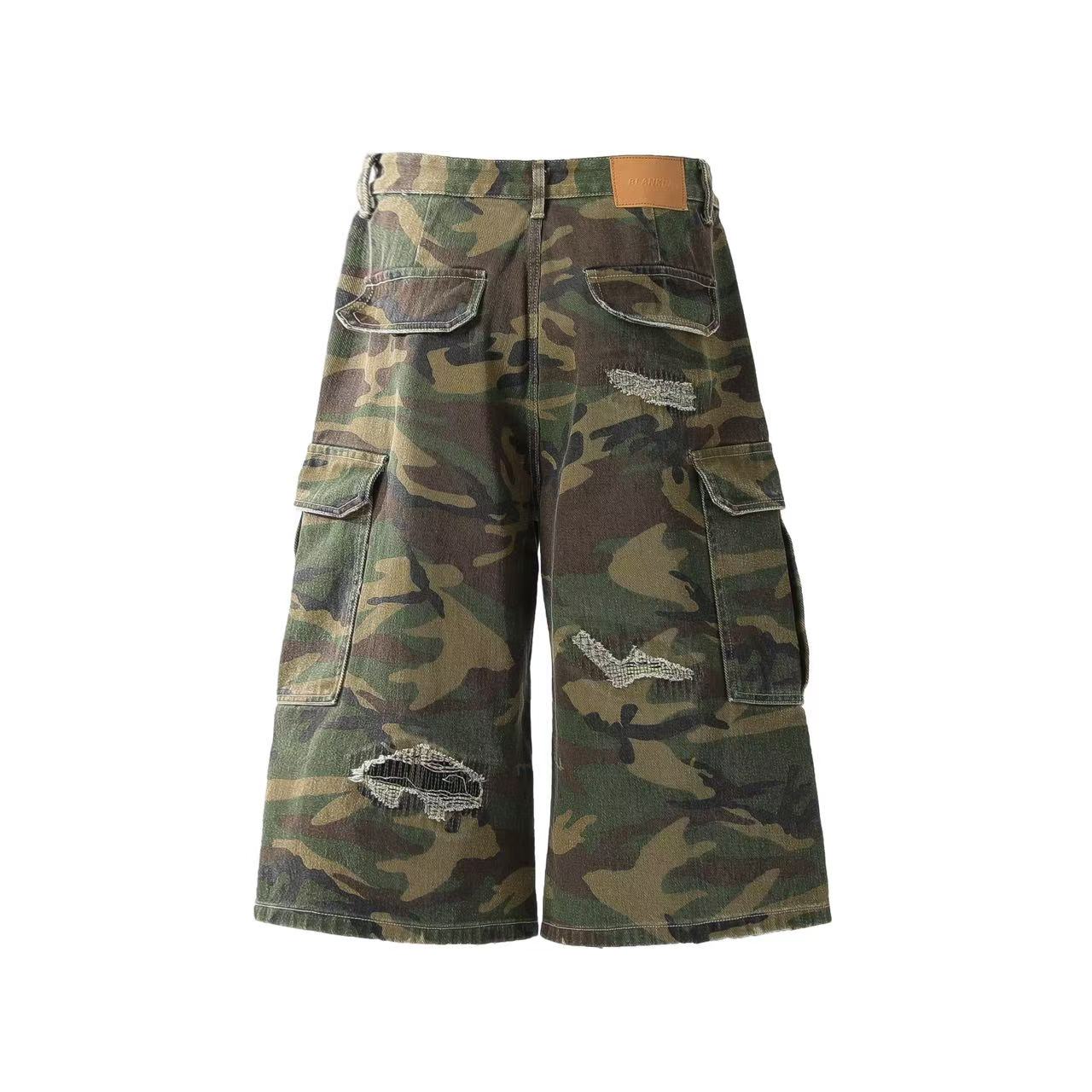 Distressed Camo Knee-Length Shorts