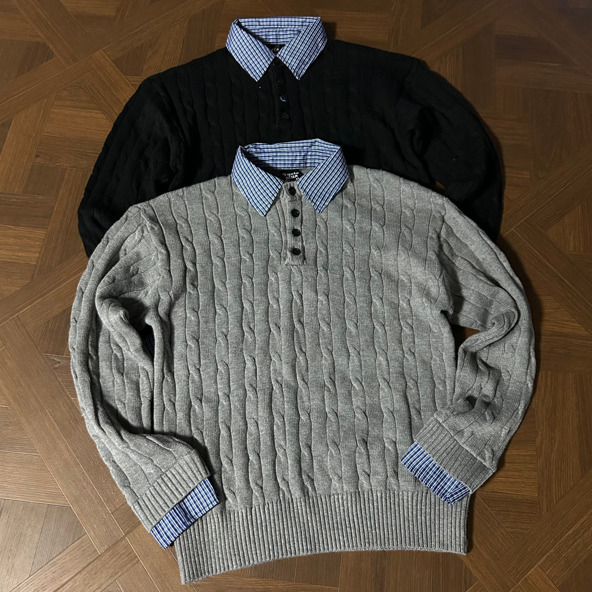 Cable Knit Fake Two-Piece Collared Sweater