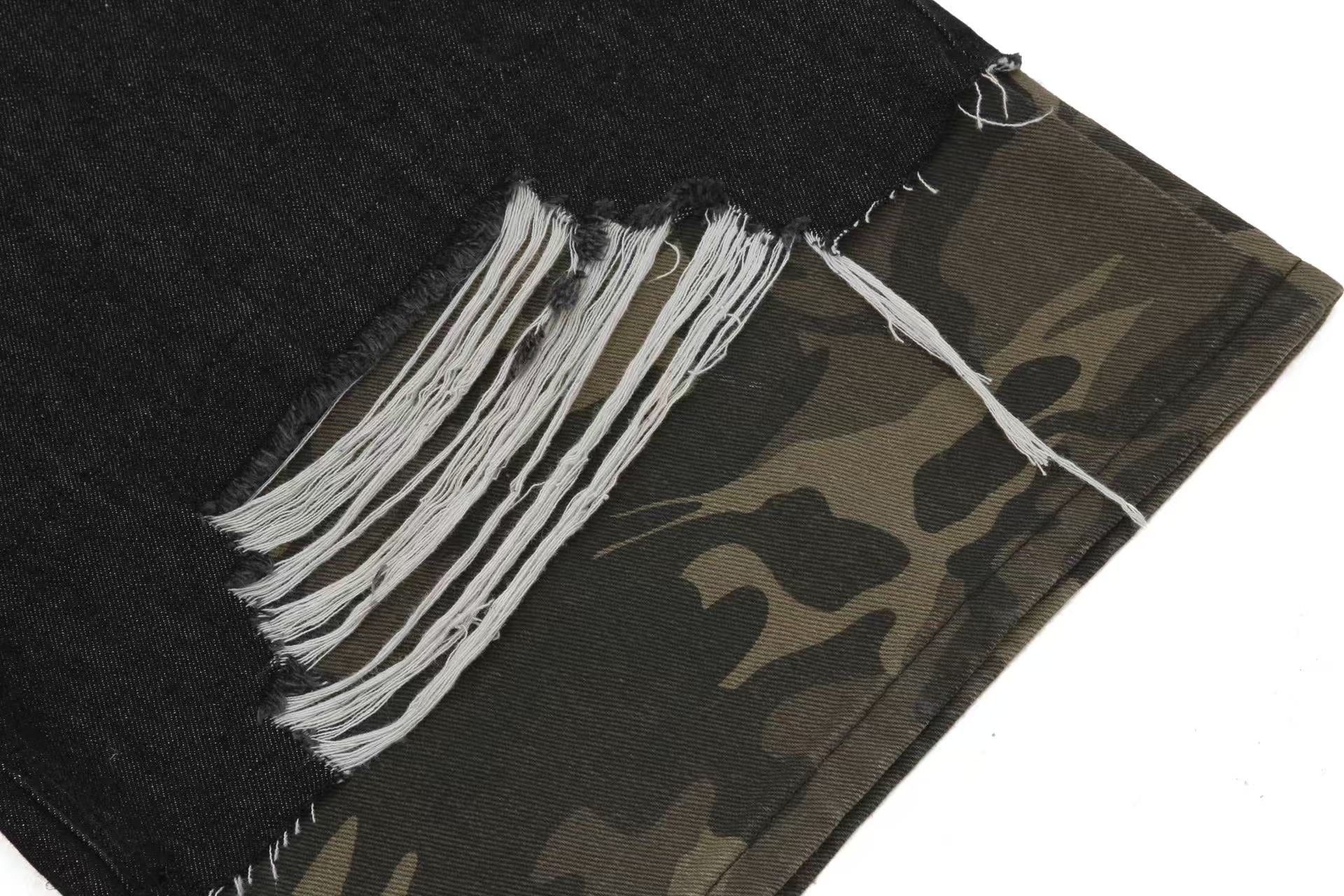 Distressed Camo Denim Knee-Length Shorts