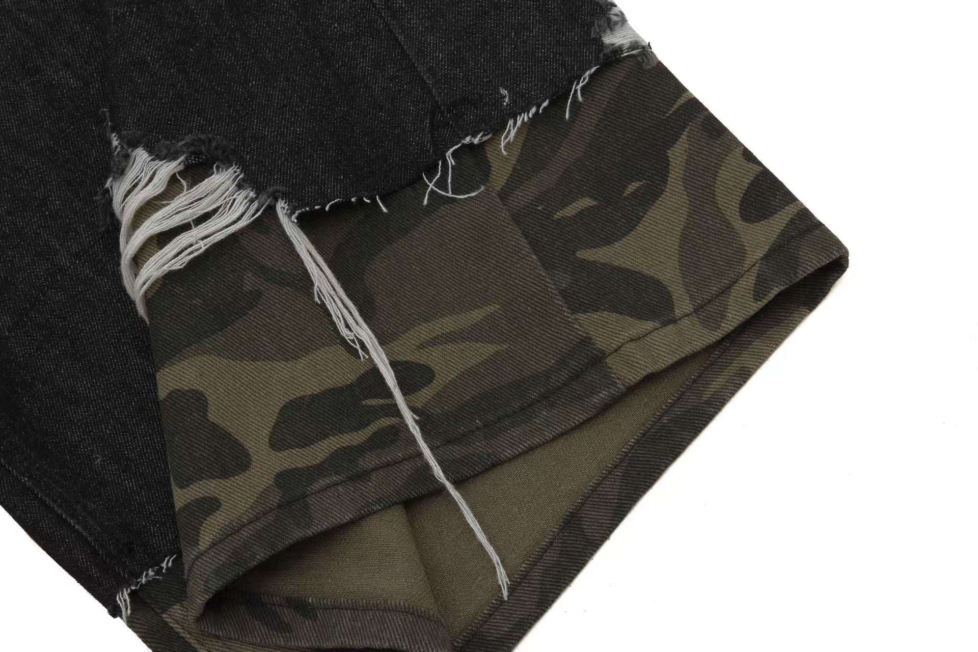 Distressed Camo Denim Knee-Length Shorts