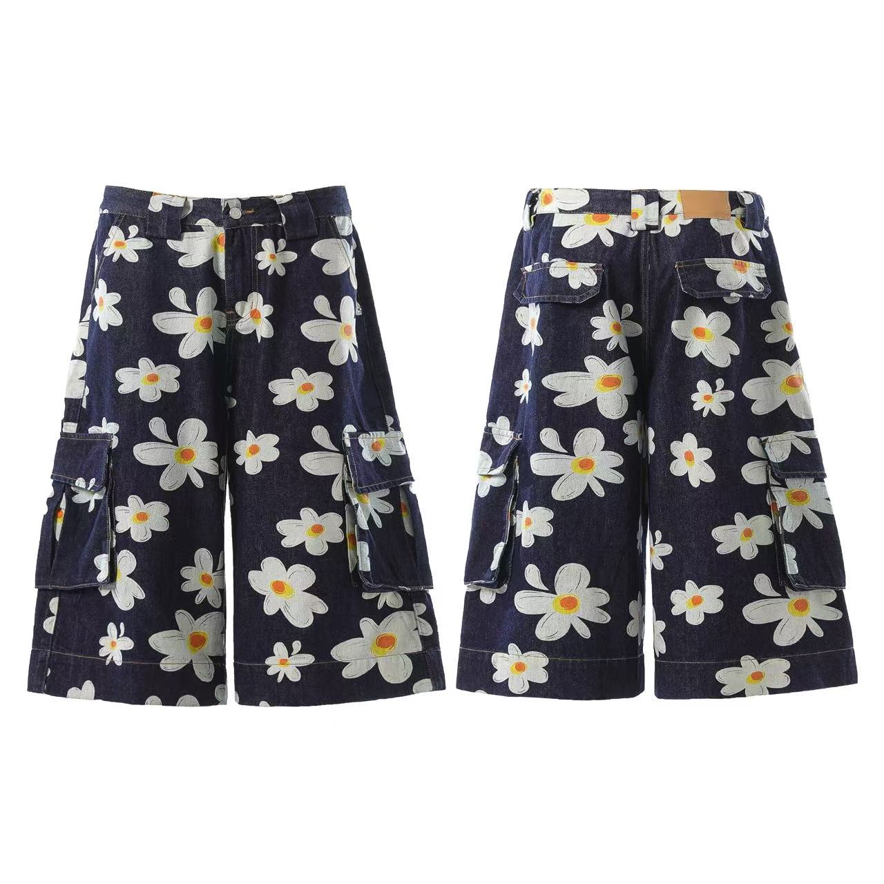 Printed Denim Knee-Length Shorts