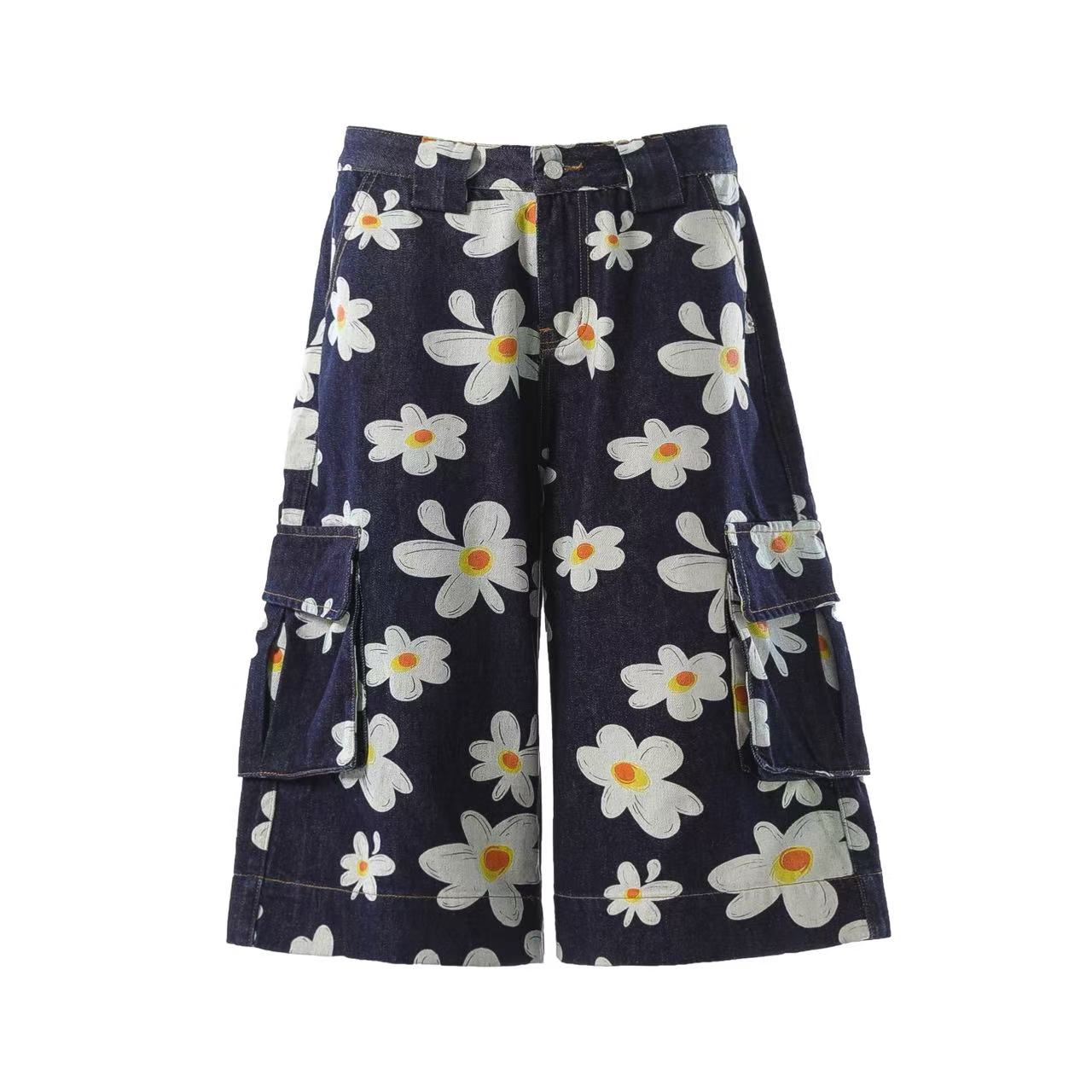 Printed Denim Knee-Length Shorts