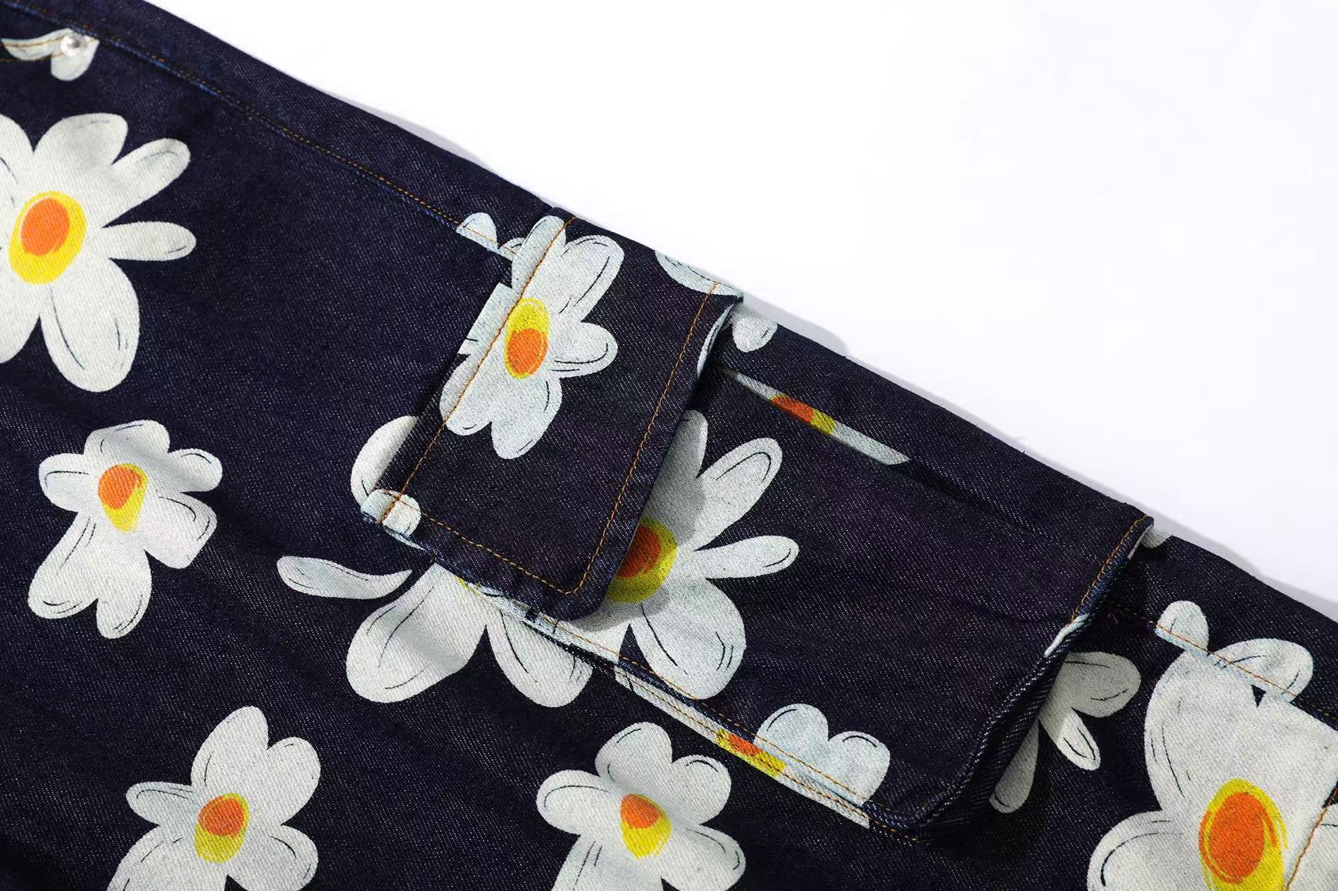 Printed Denim Knee-Length Shorts