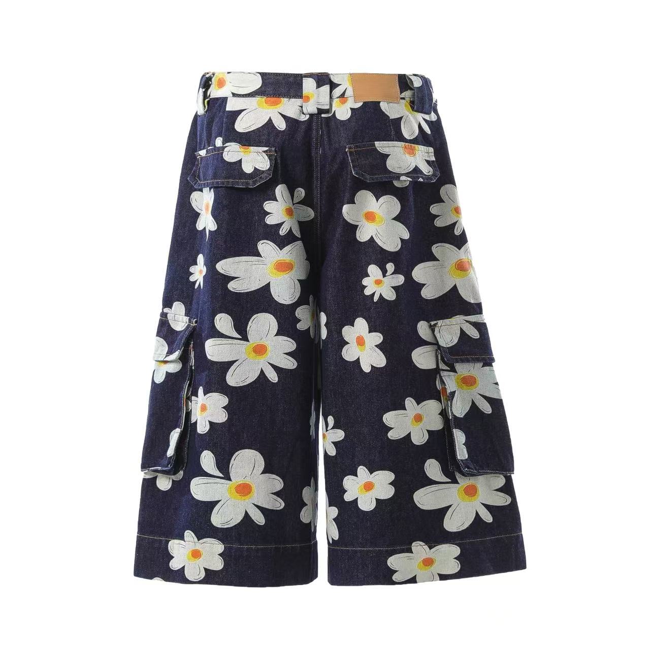 Printed Denim Knee-Length Shorts